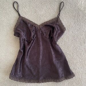 Y2k Brown satin Cami with Lace Trim
